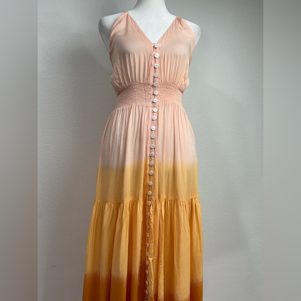 Tiare Hawaii Maxi Dress Button Front Dawn Ombre Pink Yellow Orange Tired Rayon S - Picture 3 of 13